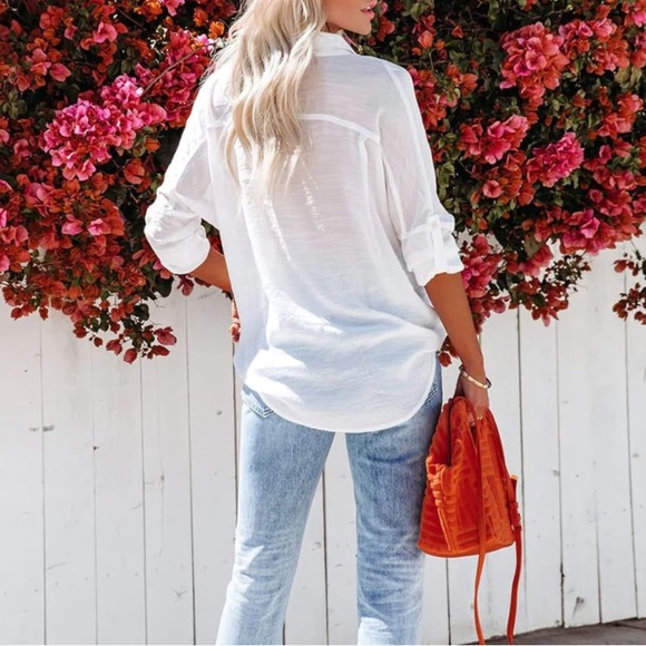 Womens White Linen Coverup Flowy Lightweight Sheer Button Down Shirt One Size - Picture 8 of 10